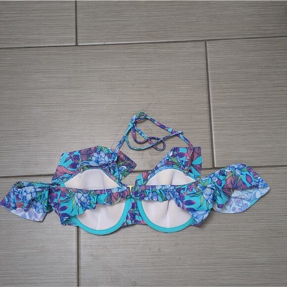 Xhilaration Blue and Purple Bikini Top with Ruffle Overlay Off The Shoulder - Picture 4 of 5